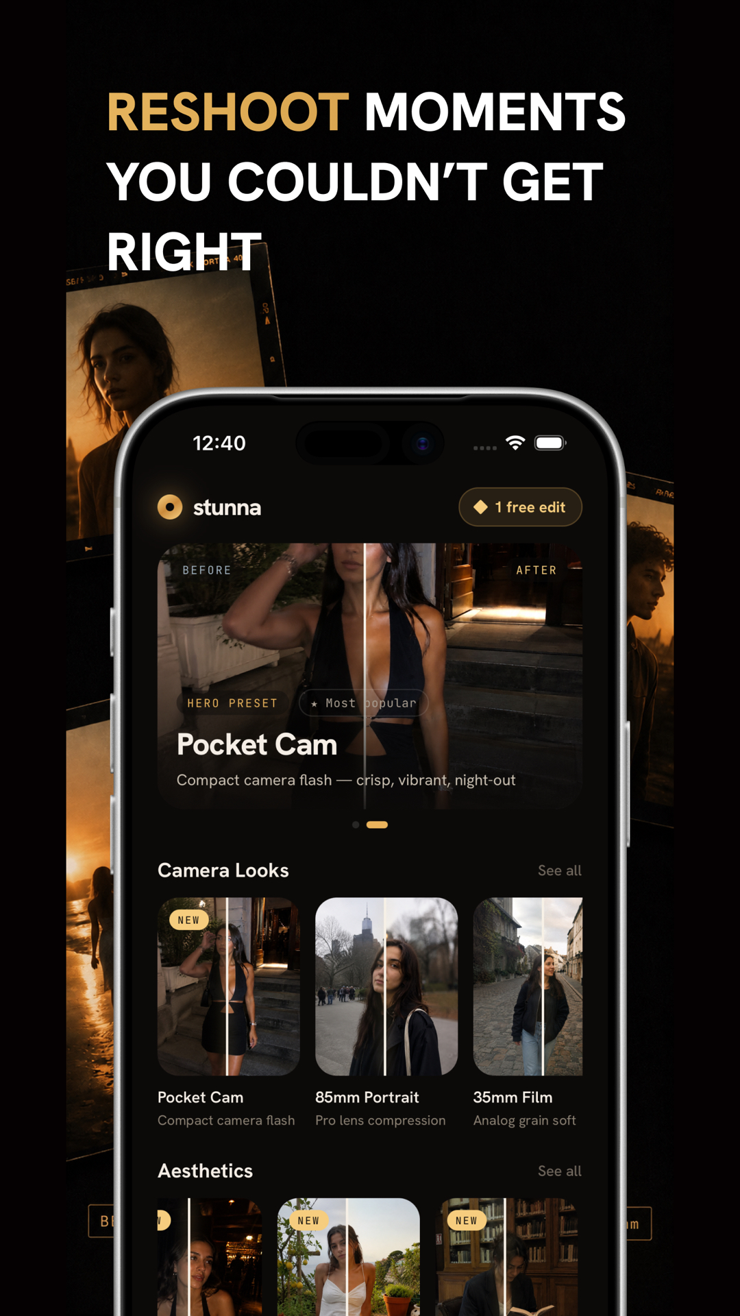 Stunna app home screen with camera looks and editing options