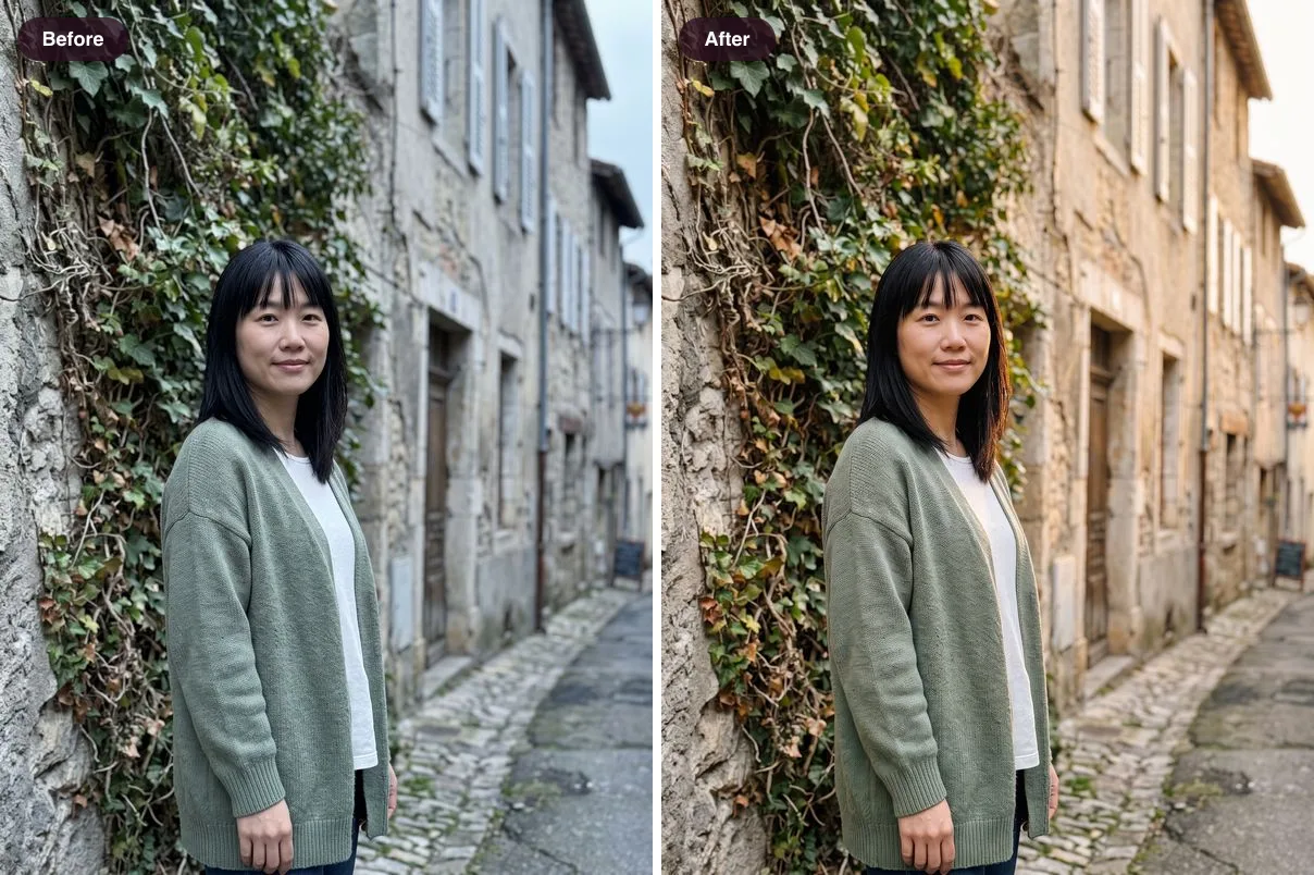 Before and after of a woman by an ivy-covered wall: cool and flat in the original, warm golden light after, with the same face and pose