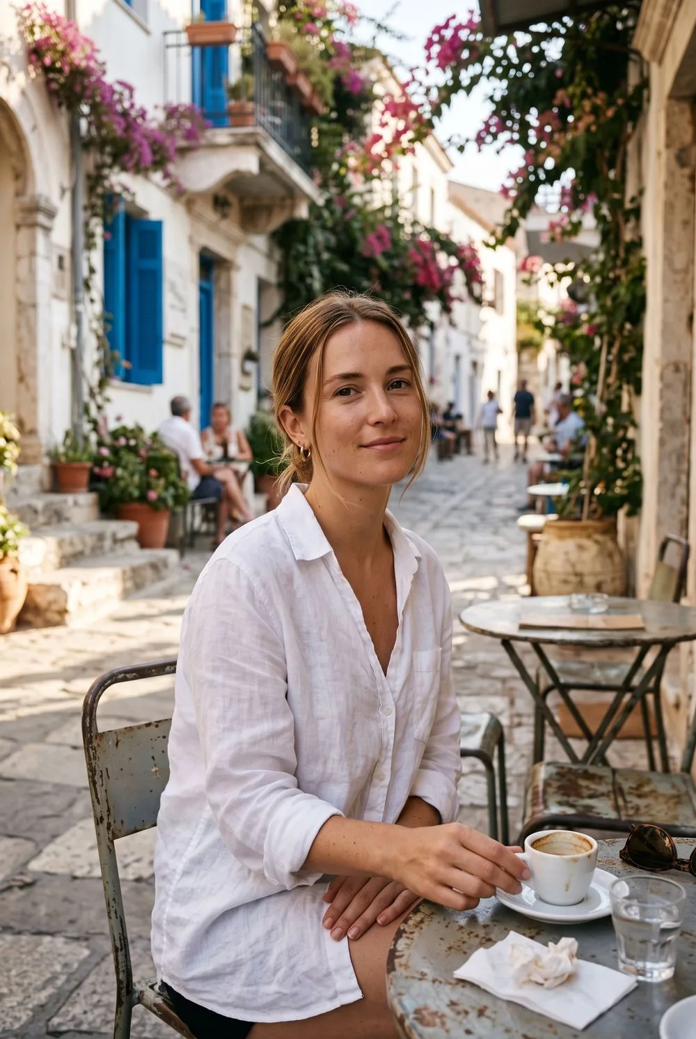 Woman in a white linen shirt at a cafe table on a whitewashed Mediterranean street in warm late-afternoon light