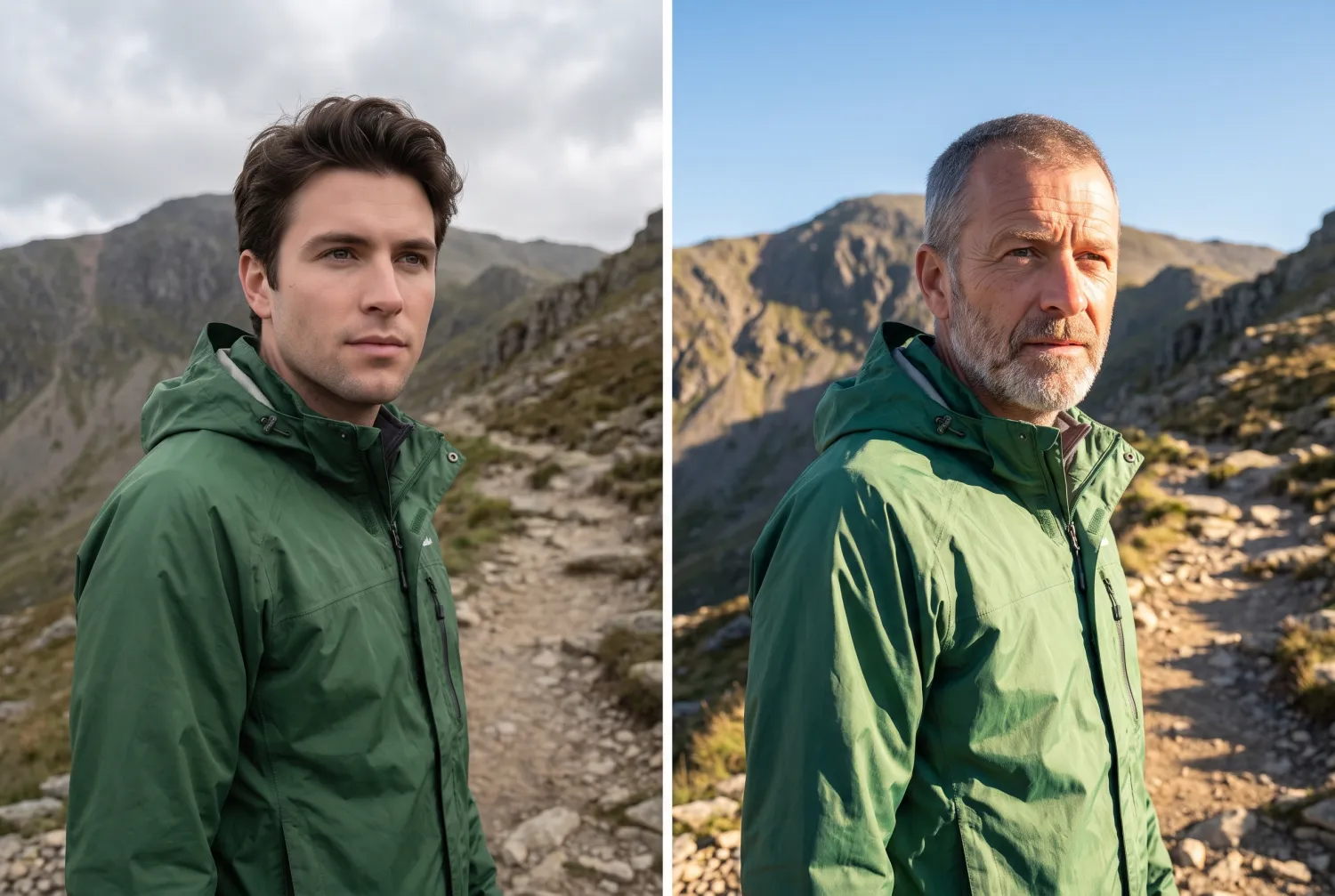 Two versions of a hiker in a green rain jacket on a mountain trail: on the left an AI-changed younger face under cloudy skies, on the right his real bearded face under a clear blue sky