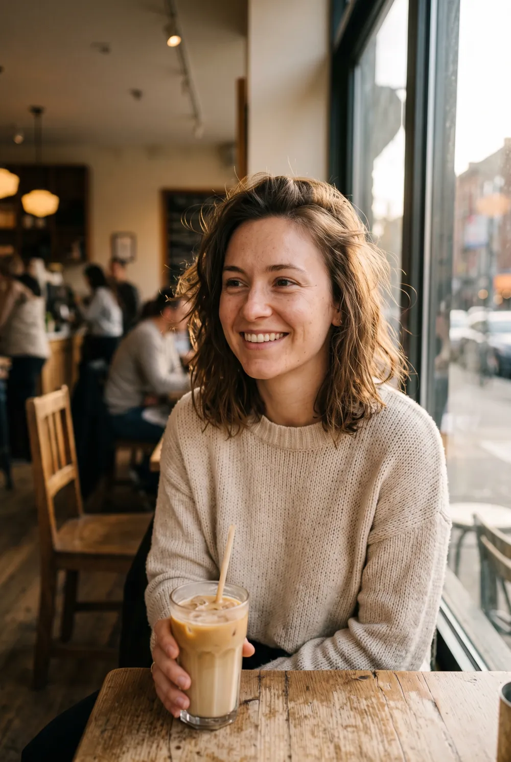 Smiling woman with natural freckles at a cafe window holding an iced latte in warm late-afternoon light