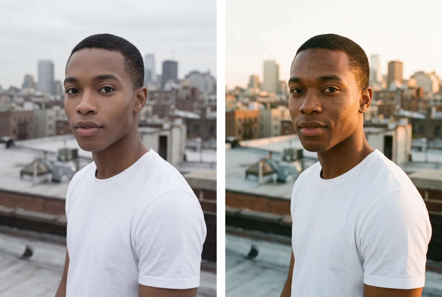 The same young man in a white t-shirt on a city rooftop twice: on the left with over-smoothed skin and grey light, on the right with natural skin and warm golden-hour light