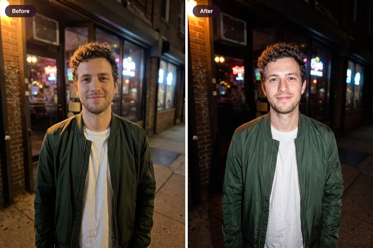 Before and after of a man outside a bar at night: dim and orange in the original, crisp direct flash with a dark background after