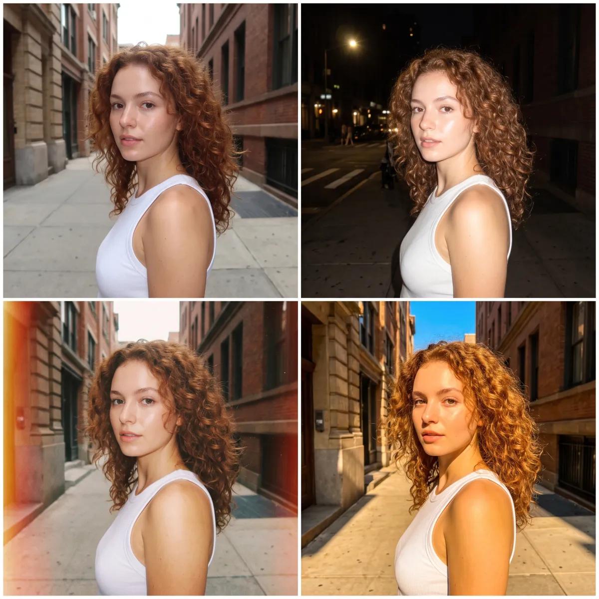 The same woman with curly auburn hair on a city sidewalk in four looks: clean daylight, night flash, disposable film with a light leak, and bright summer sun