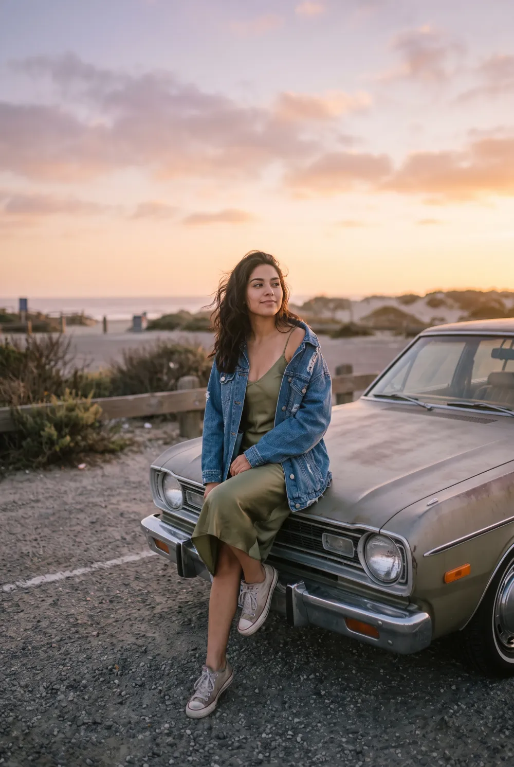 Young woman in a slip dress and denim jacket sitting on the hood of a vintage car at a beach parking lot at sunset