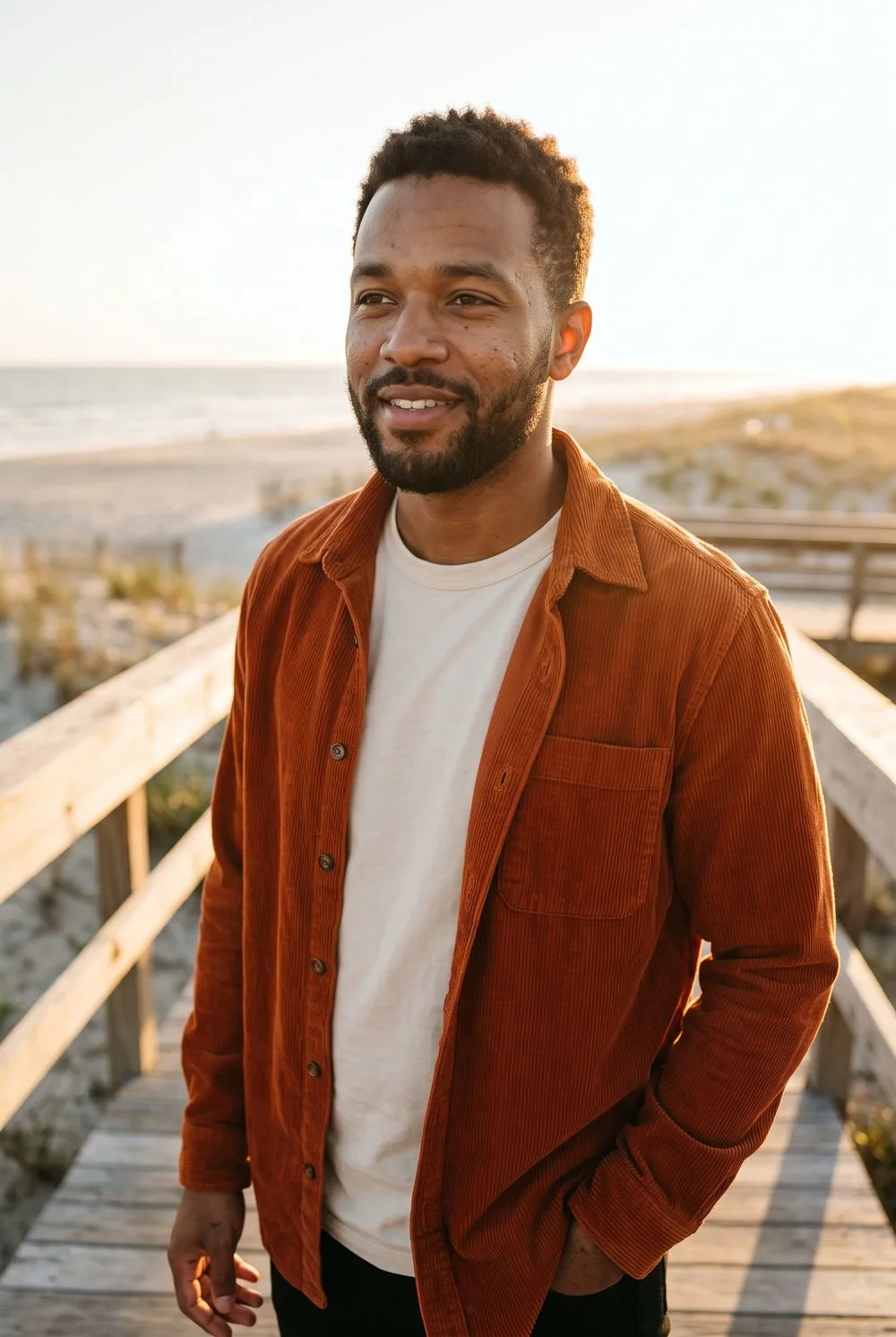 Man in a rust corduroy overshirt on a beach boardwalk, backlit by warm golden-hour sun