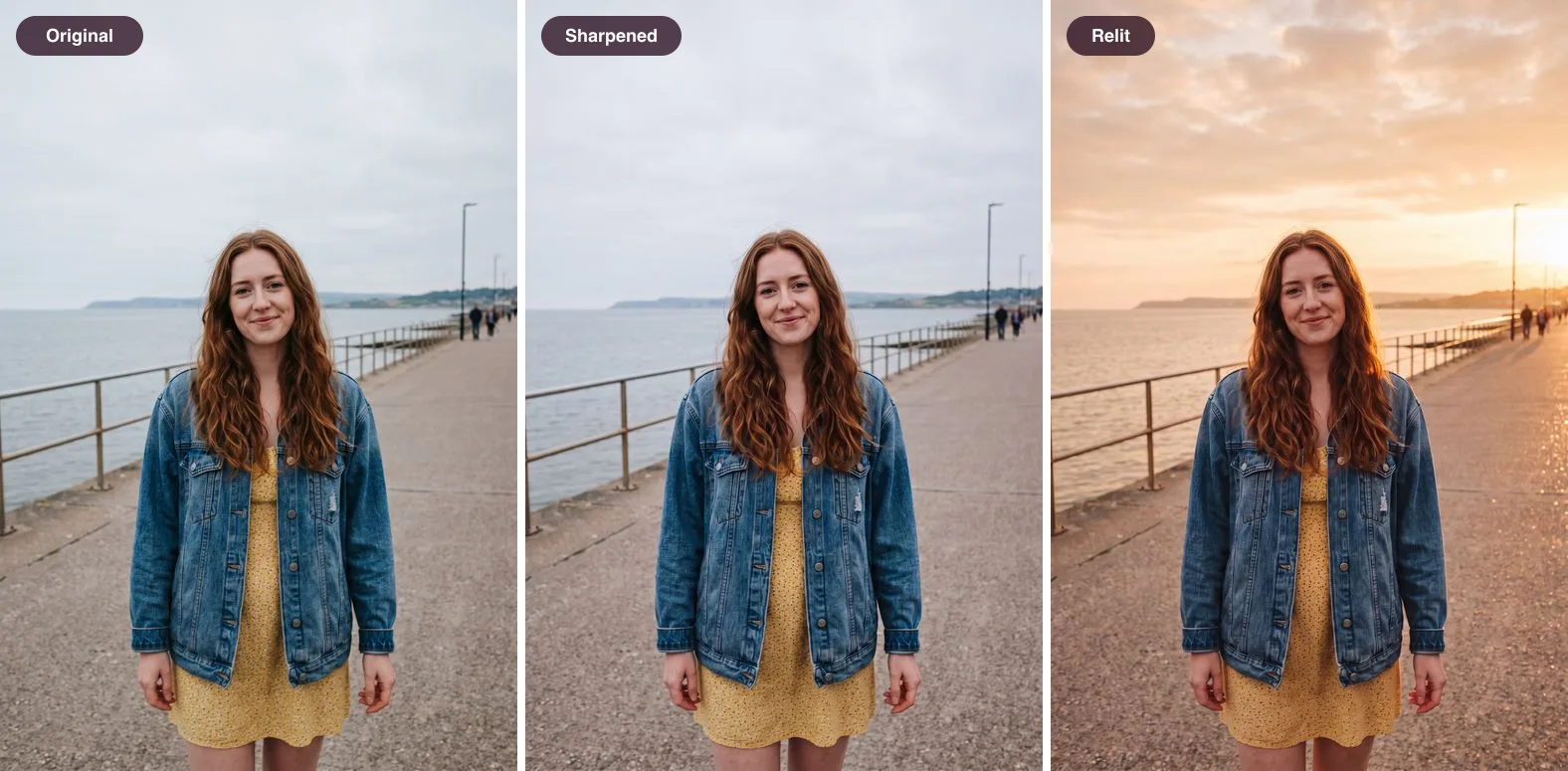 Three versions of a woman in a denim jacket on a seaside promenade: soft and grey, sharp but still grey, and sharp with warm golden-hour light