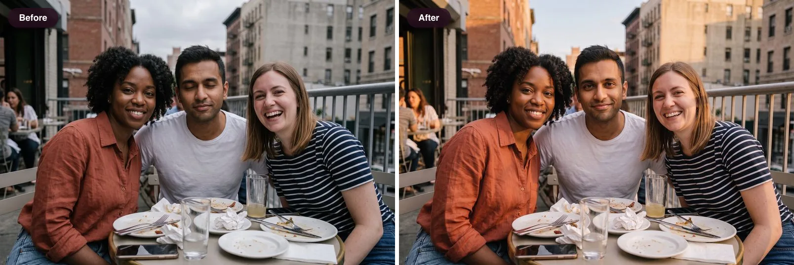 Before and after of three friends at a terrace table: on the left the middle friend is blinking under flat grey light, on the right his eyes are open and the scene has warm golden-hour light