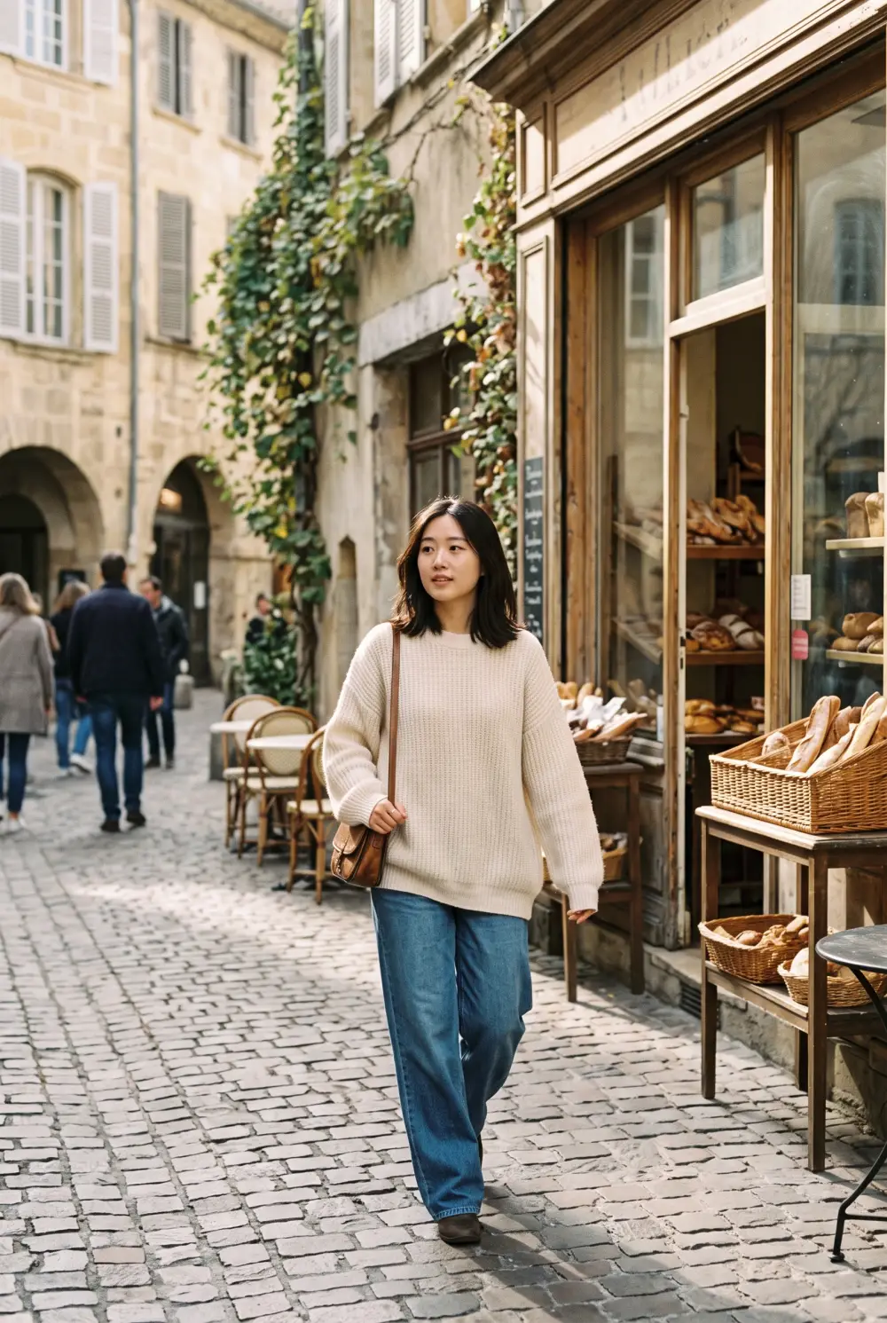 Young woman in a cream sweater and wide jeans walking past a sunlit bakery in a cobbled old town, with a faded film look