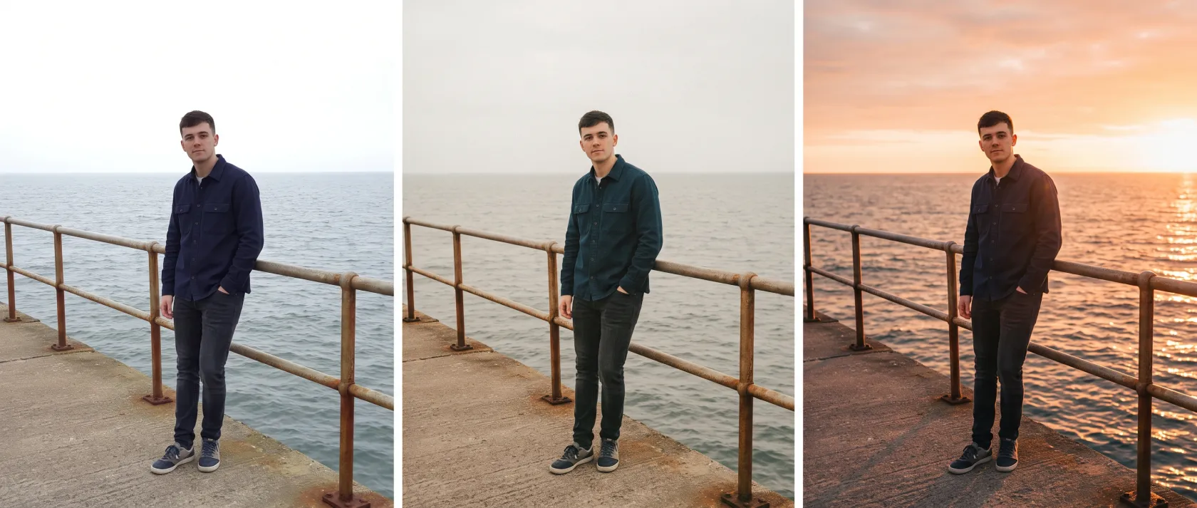 Three versions of a young man on a seaside pier: flat and overcast, the same with a faded film grade, and the same scene relit with a warm sunset