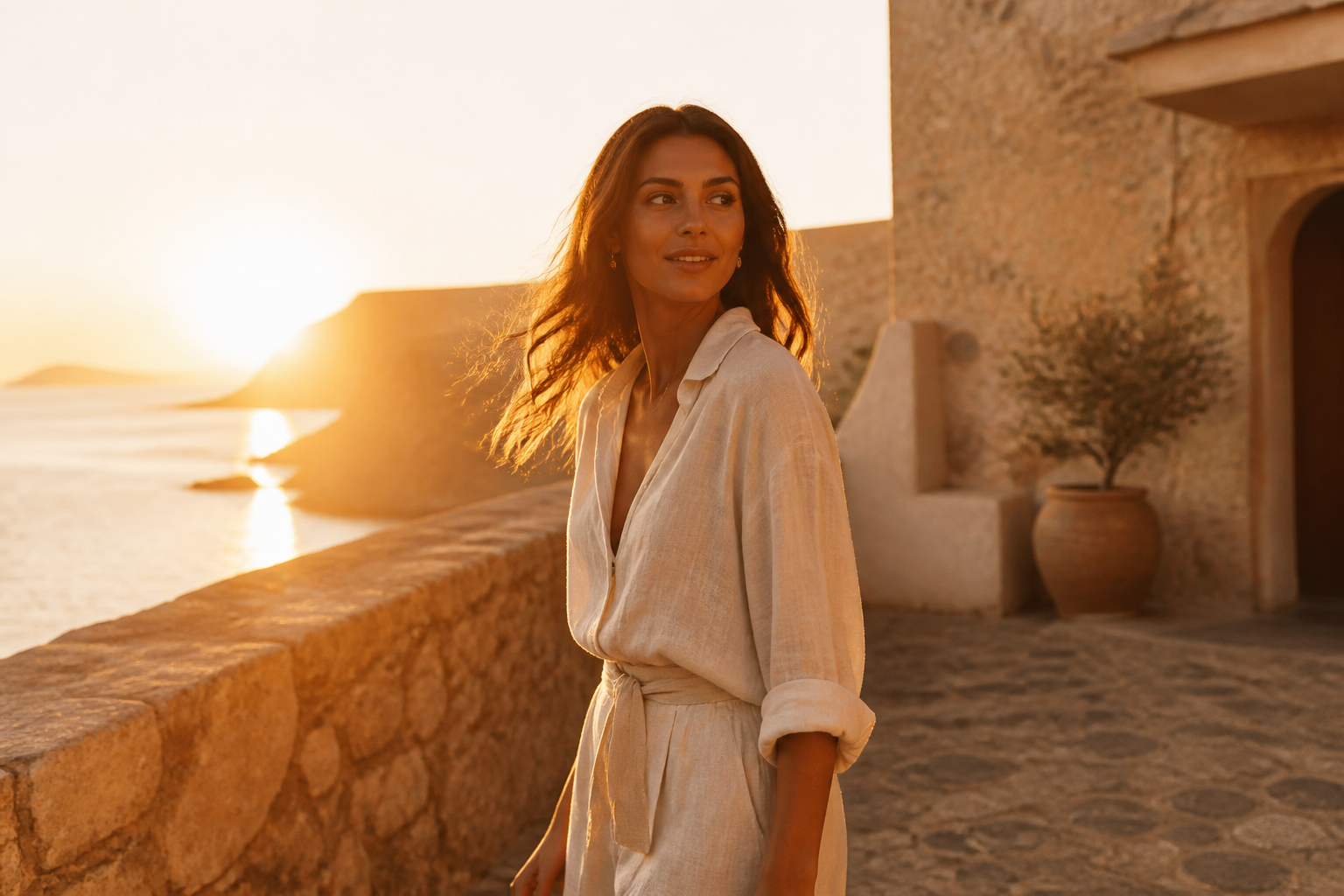 Golden light on a portrait beside a sunlit wall