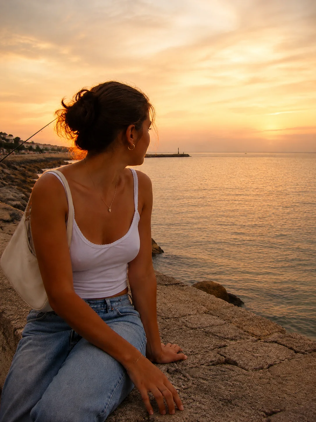 Seaside golden-hour portrait in a square post layout