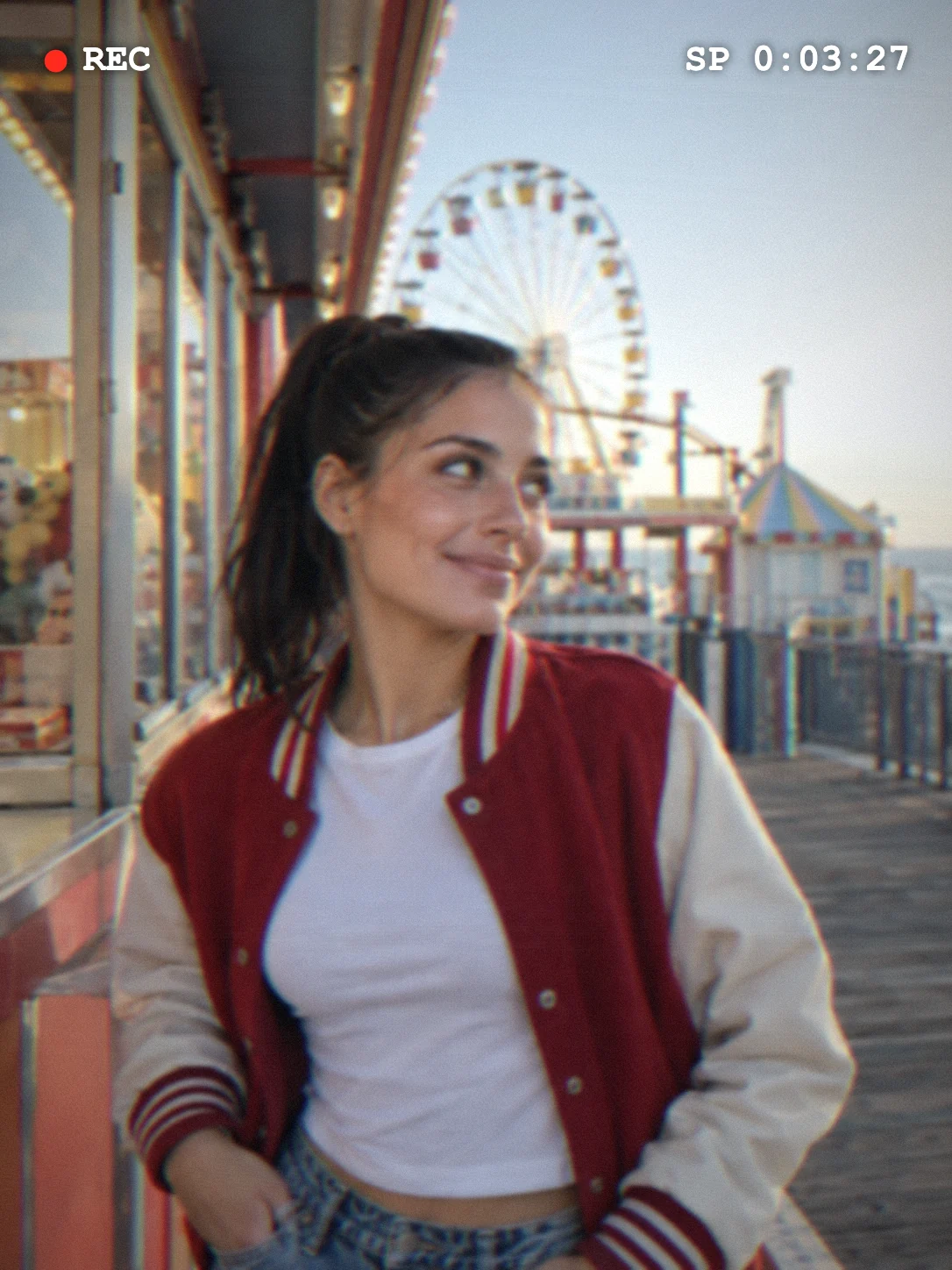 Seaside arcade portrait with a camcorder effect