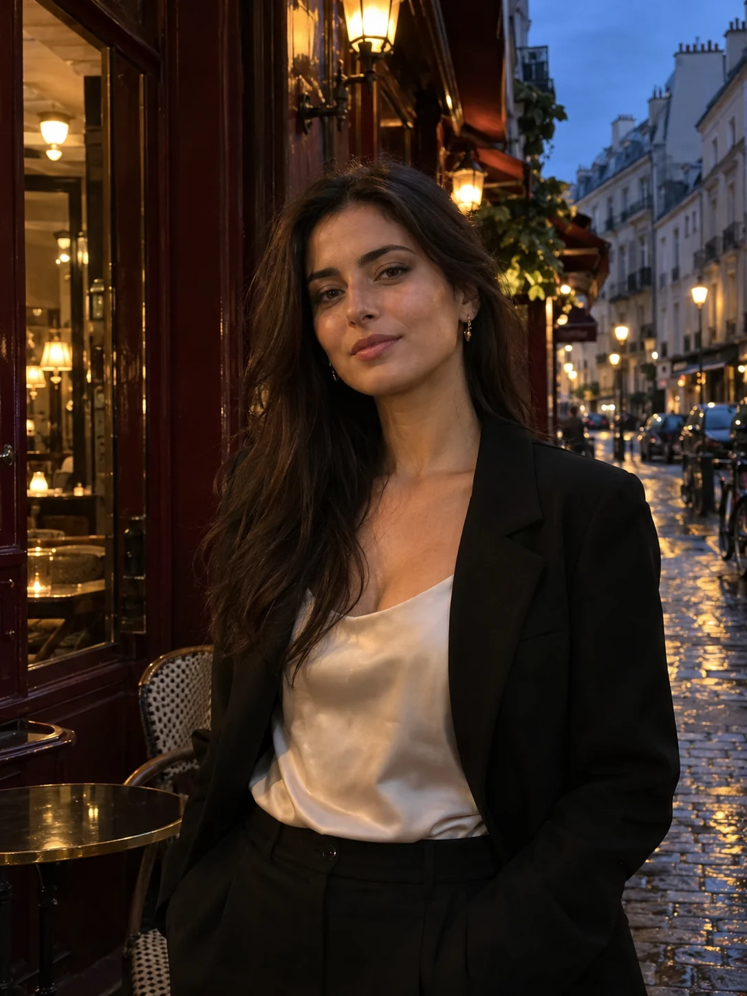 Night portrait outside a café, before the G7X filter