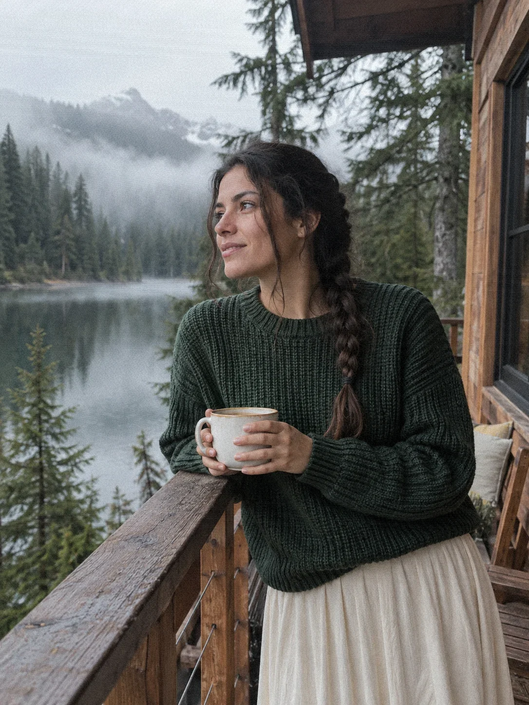 Lakeside cabin portrait with film grain