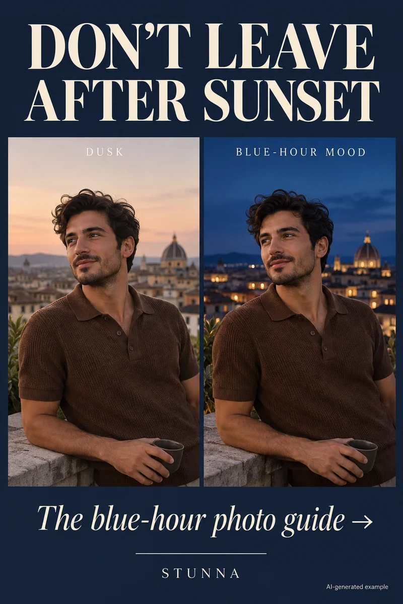 AI-generated blue-hour before-and-after concept, not an actual Stunna result