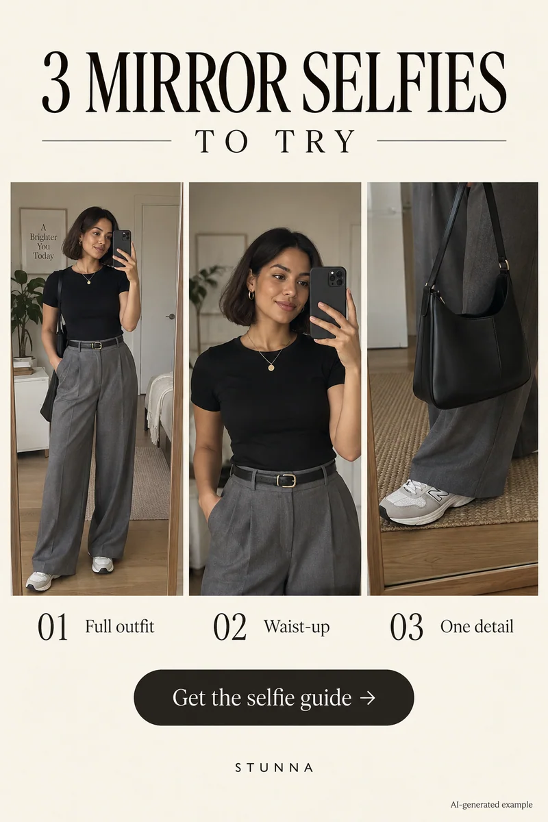 AI-generated mirror-selfie ideas illustration, not an actual Stunna result