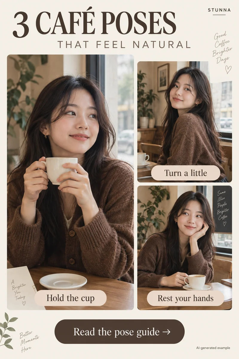 AI-generated seated café posing illustration, not an actual Stunna result
