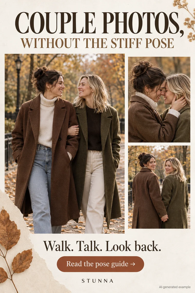 Illustrative AI-generated image of a couple posing together in autumn coats, walking arm in arm, laughing and leaning forehead to forehead