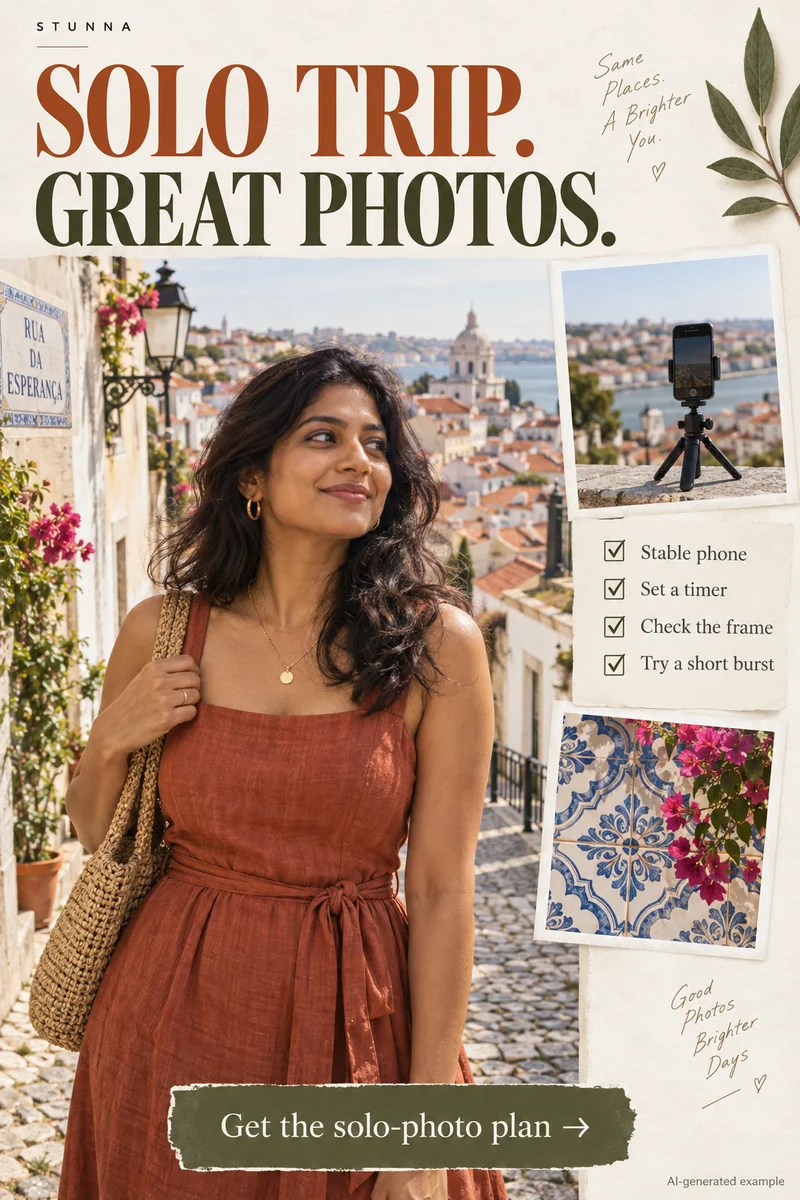 Illustrative AI concept showing a solo traveler, a travel portrait setup, and a suggested photo sequence