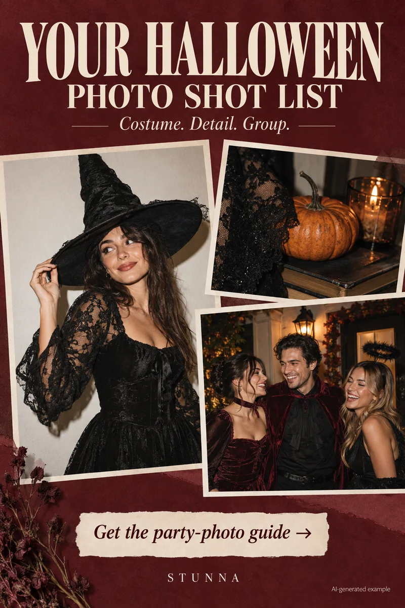 Illustrative AI Halloween photo concept with an adult costume portrait, a costume detail, and a group frame