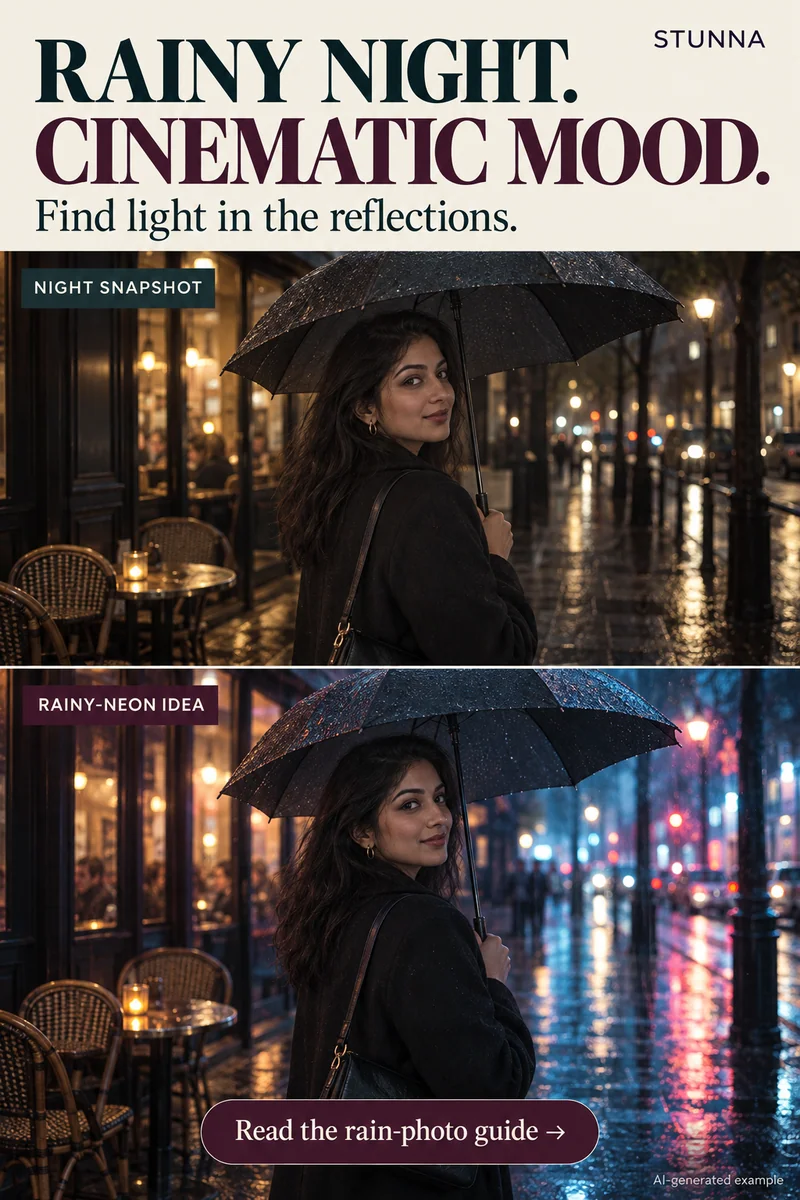 Illustrative AI comparison of an evening portrait and a rainy-neon creative lighting concept