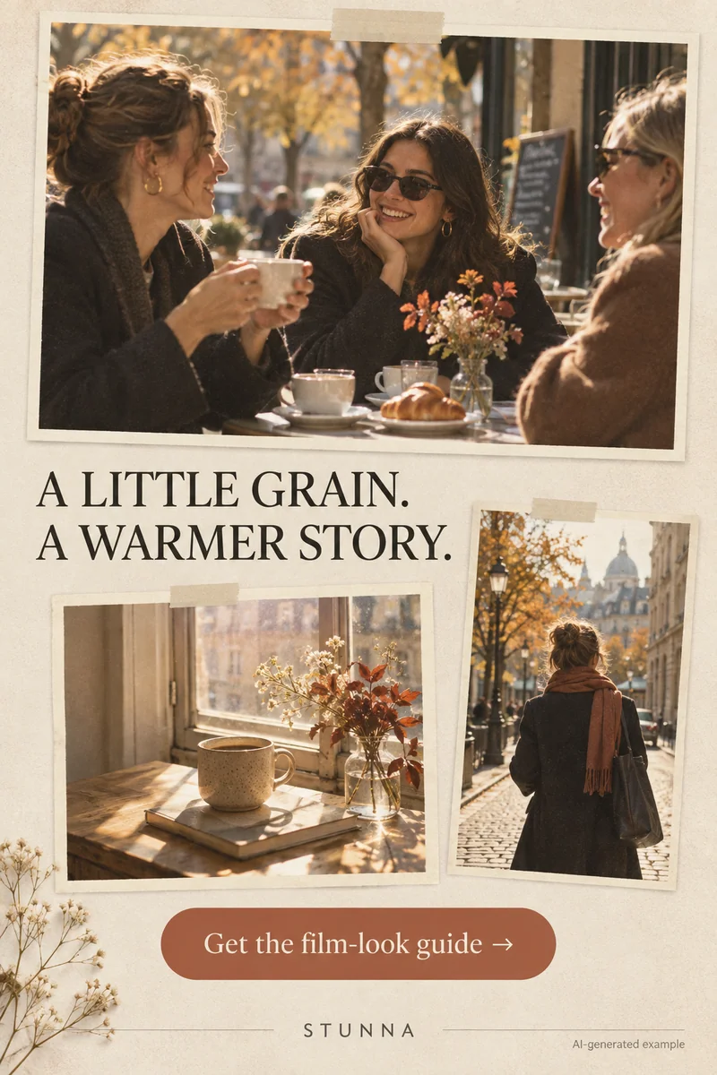 Illustrative AI moodboard of everyday portraits and details with a warm film-inspired finish