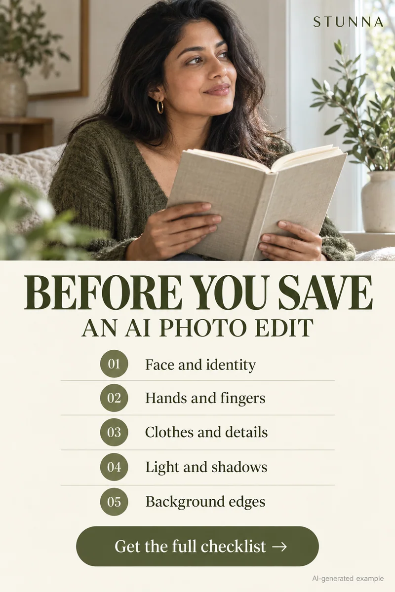 Illustrative AI editorial image with five photo-edit review checks for identity, hands, clothes, light, and background