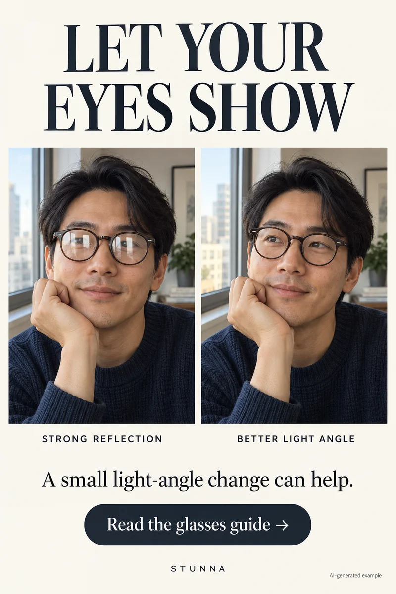 AI-generated glasses-glare comparison illustrating a clearer-eye portrait idea, not an actual Stunna result