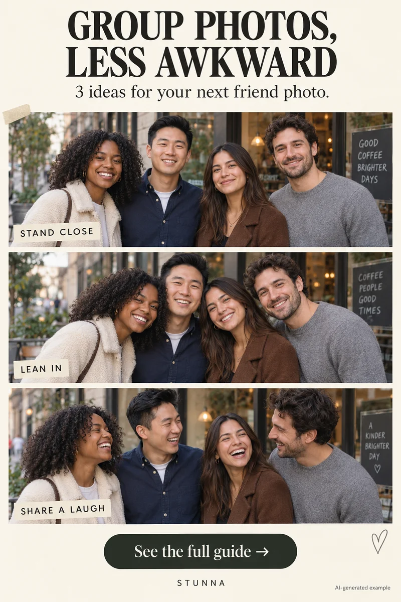 AI-generated group-photo contact sheet illustrating expressions and frame selection, not actual Stunna results