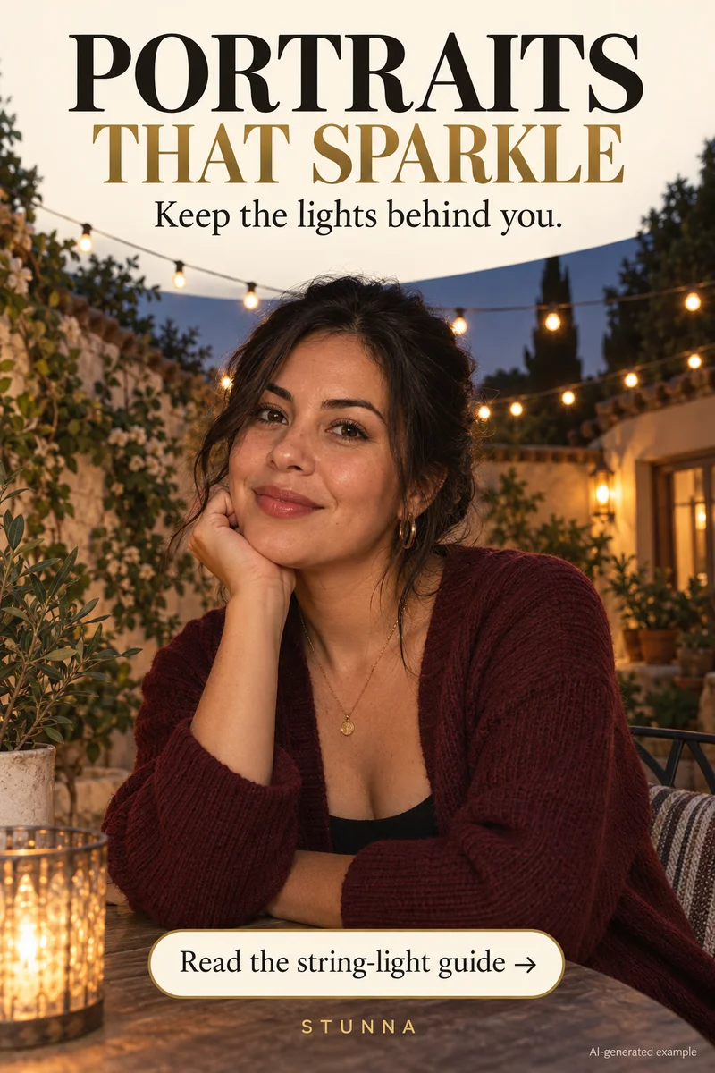 Illustrative AI-generated portrait of a smiling adult in a burgundy cardigan at an outdoor table with warm string lights glowing behind them
