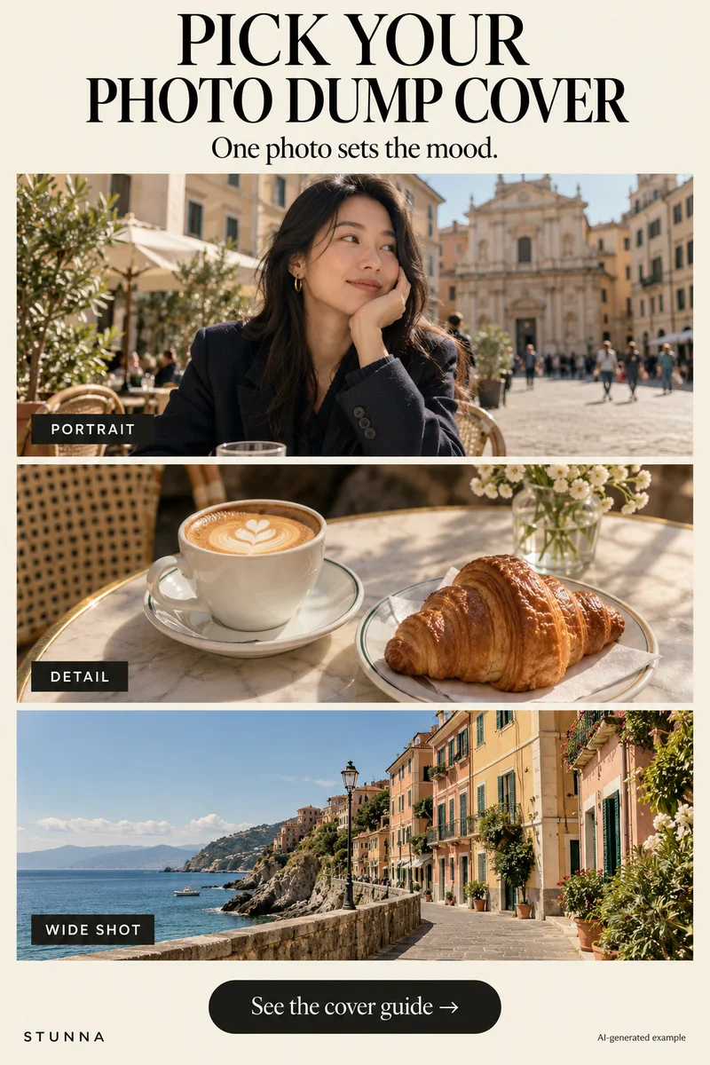 Illustrative AI contact sheet comparing a portrait, a close detail, and a wide scene as photo dump cover candidates
