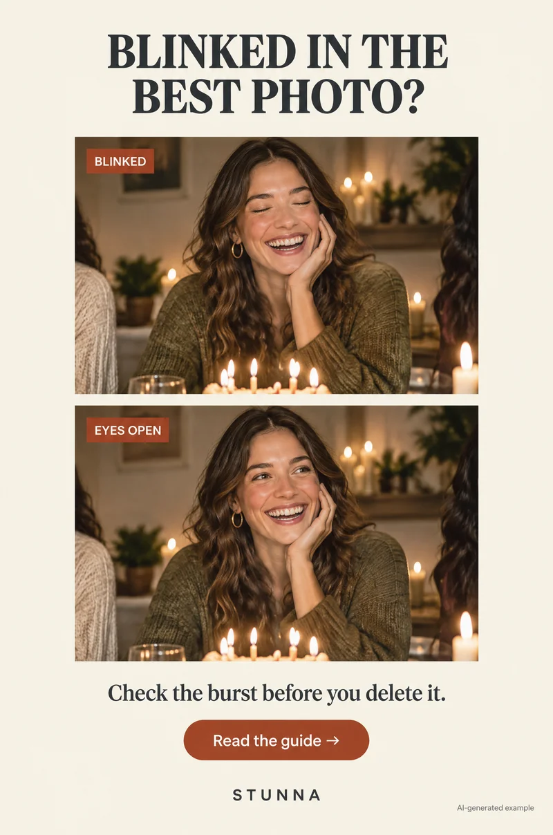AI-generated before-and-after example of a blinking portrait and an eyes-open version, not an actual Stunna result