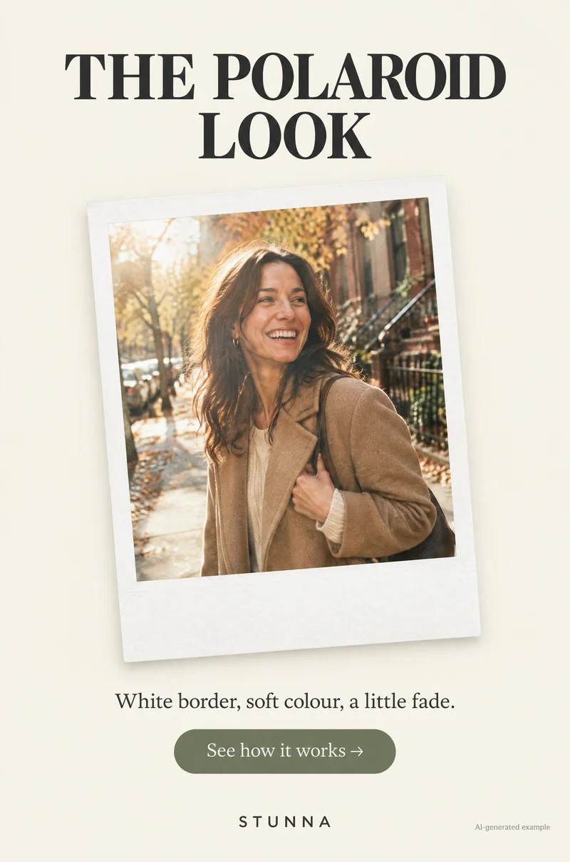 AI-generated example of a Polaroid-inspired instant-film style portrait with a white border, not an actual Stunna result