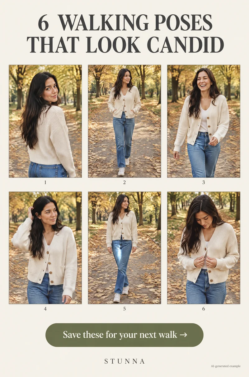 AI-generated contact sheet example of candid walking poses, not an actual Stunna result