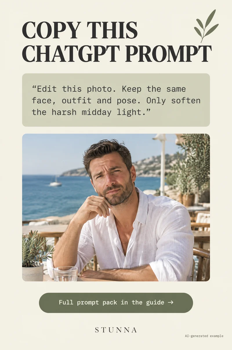 AI-generated example of a harsh midday portrait softened with an edit prompt, not an actual Stunna result