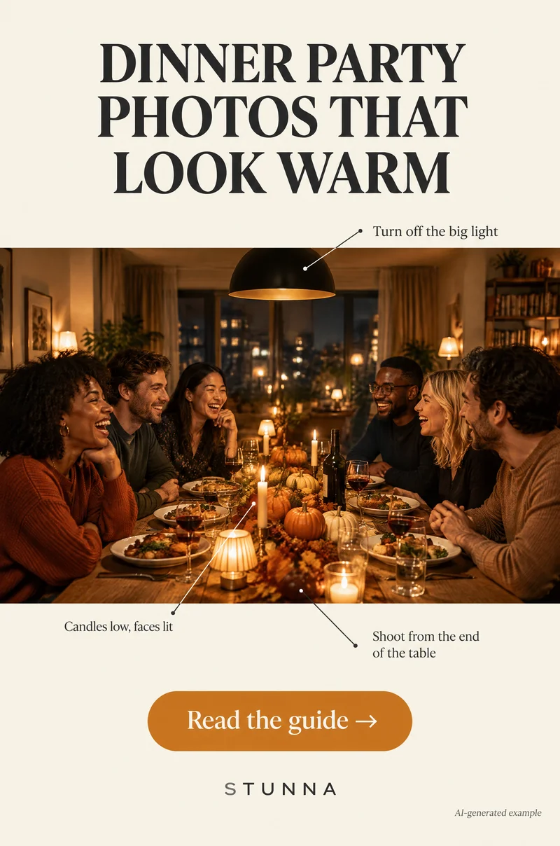 AI-generated example of a candlelit dinner table with warmly lit faces, not an actual Stunna result