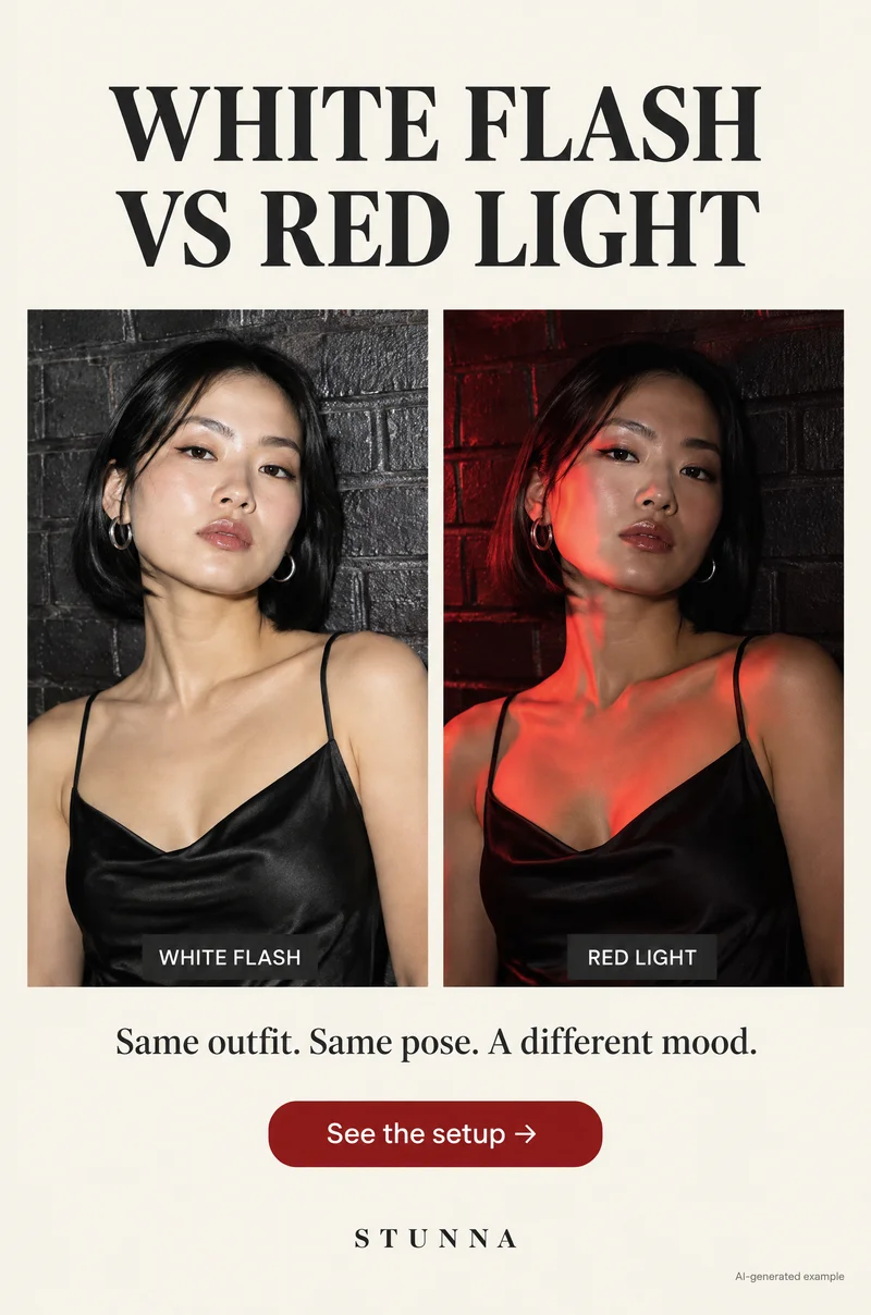 AI-generated example comparing a white flash portrait with a red light portrait, not an actual Stunna result