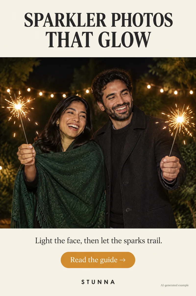 AI-generated example of a sparkler portrait with a softly lit face and trailing sparks, not an actual Stunna result