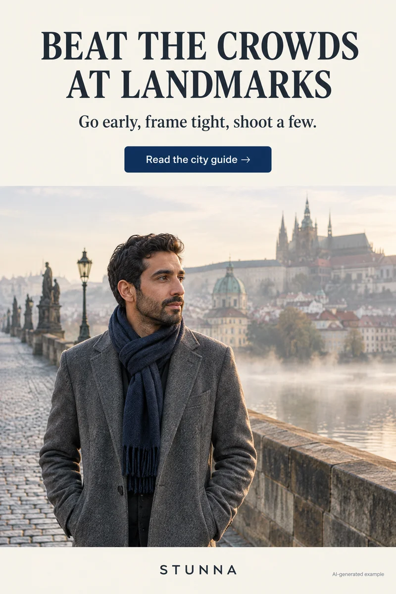 AI-generated example of a quiet early-morning landmark with a small figure in the frame, not an actual Stunna result