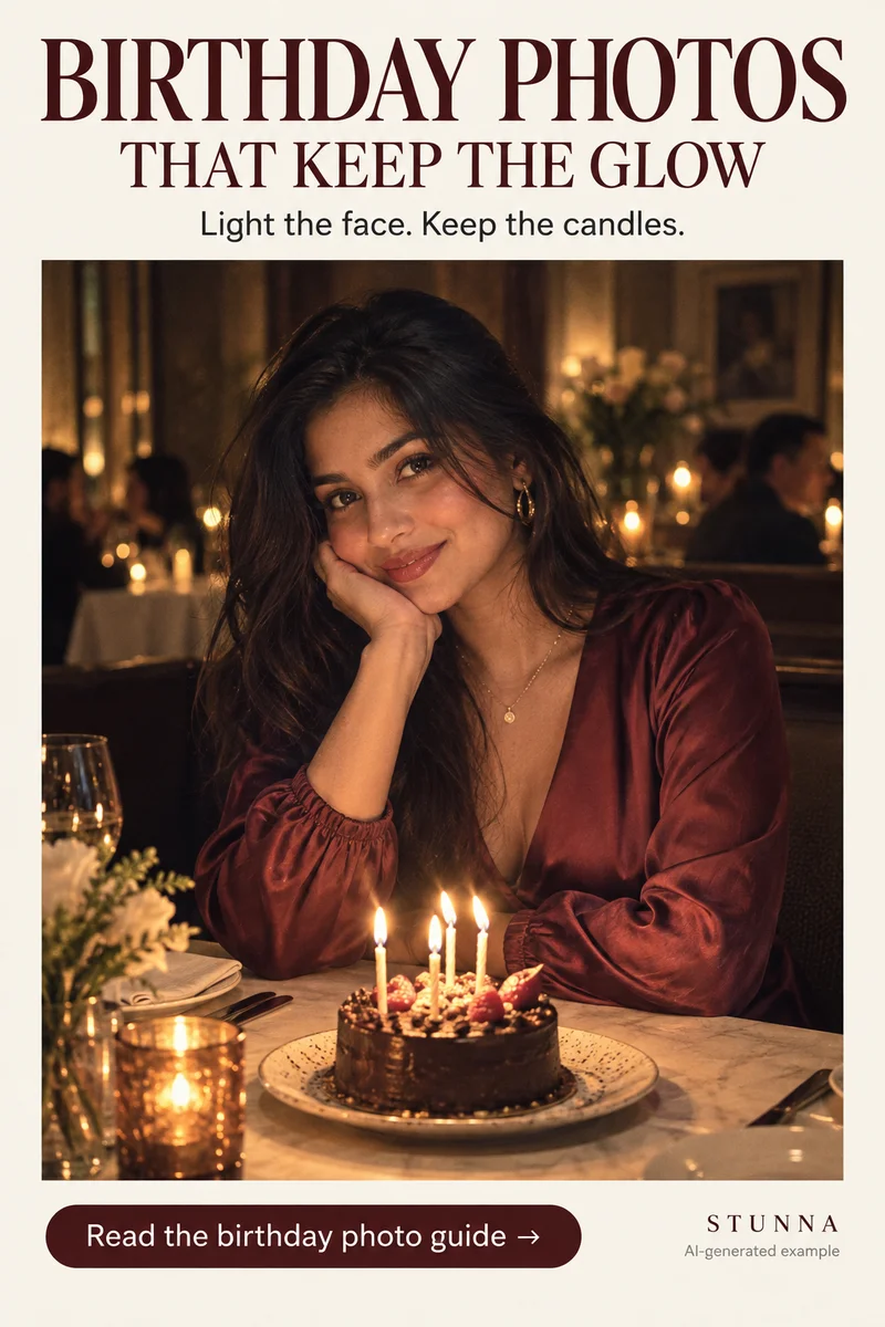 AI-generated portrait of a woman beside a candlelit birthday cake, with advice to light the face and keep the candle glow.