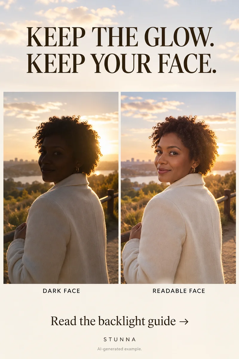 AI-generated comparison of the same outdoor portrait with a dark face and a readable face against warm backlight.