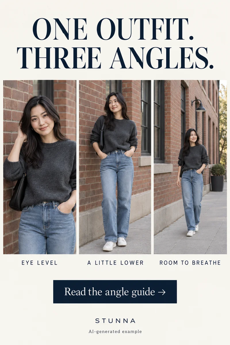 AI-generated three-photo contact sheet showing eye-level, slightly lower and wider phone portrait angles.