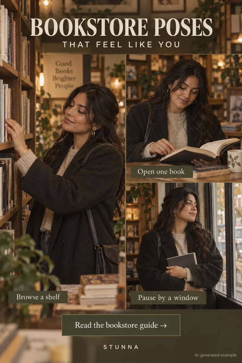AI-generated bookstore contact sheet showing browsing a shelf, reading seated and standing near a window.