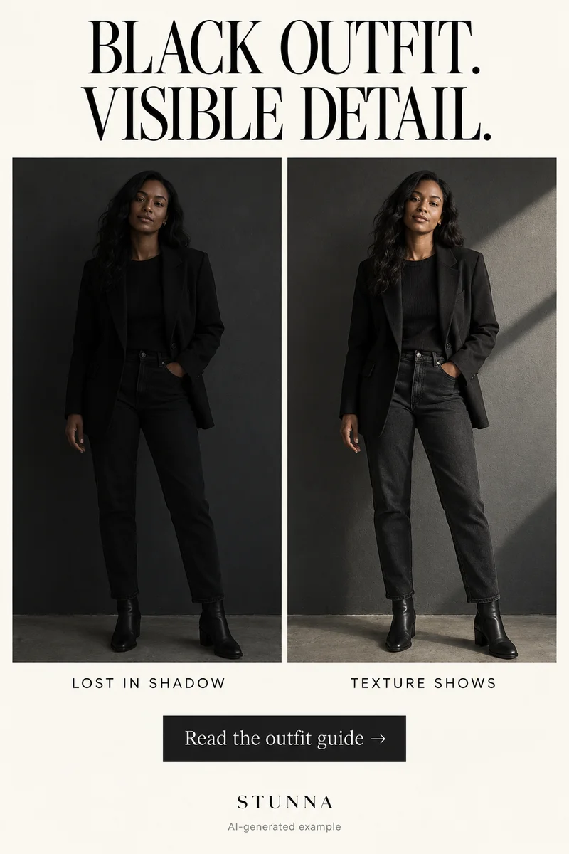 AI-generated comparison showing lost versus visible fabric detail in an all-black outfit portrait.