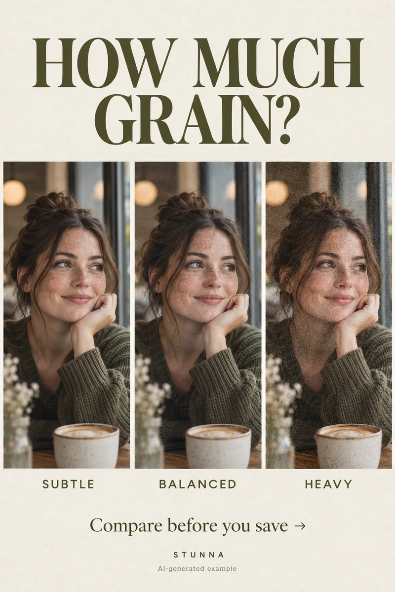 AI-generated portrait comparison illustrating subtle, balanced and heavy film-grain finishes.