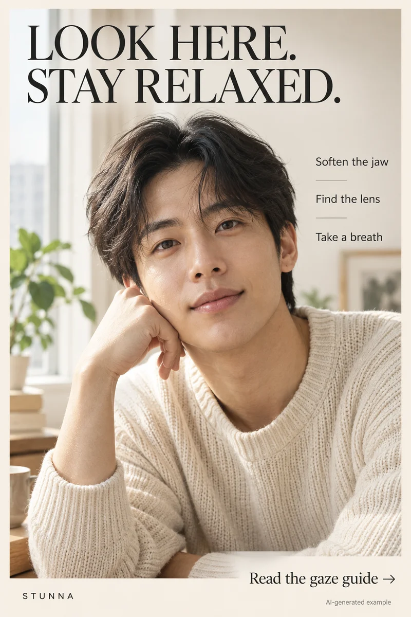 AI-generated relaxed portrait with three cues for a natural gaze toward the camera.