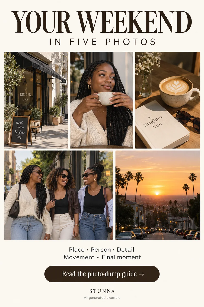 AI-generated five-photo weekend story with a portrait, setting, detail, movement and quiet final moment.