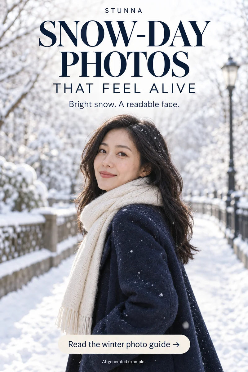 AI-generated snow-day portrait showing readable facial detail and a warm accent against the snow.