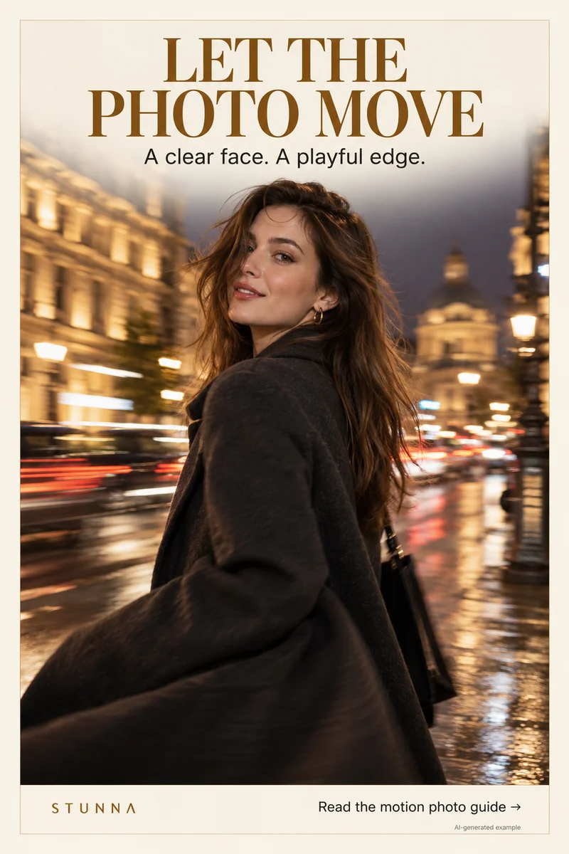 AI-generated city portrait illustrating playful motion around a readable face.